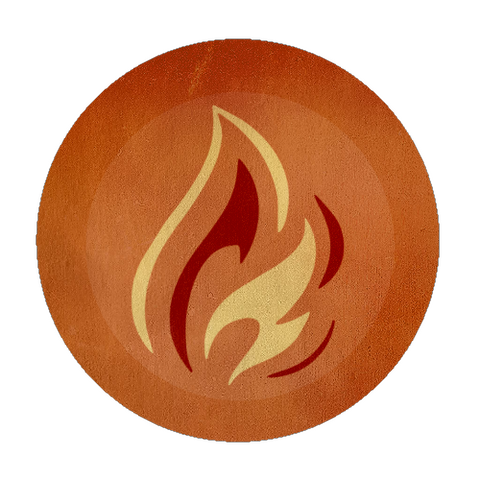 Coin shape in aged colours with fire imagery in the middle to look as though it is flame related currency